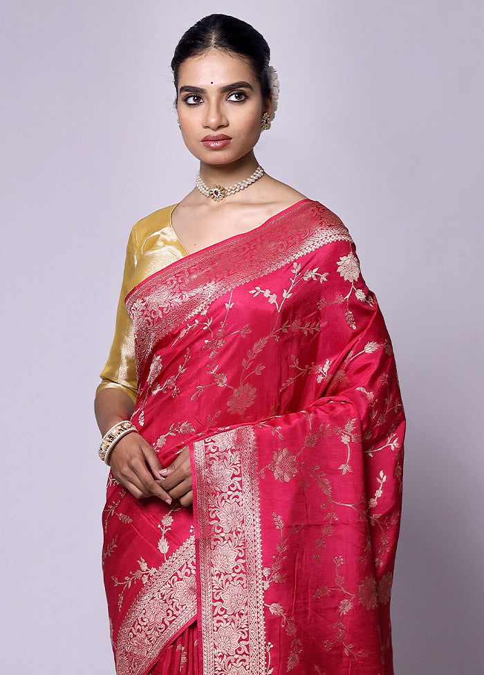 Red Dupion Silk Saree With Blouse Piece With Credit Card For Sale