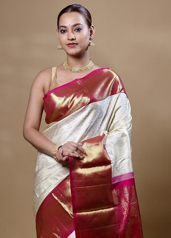 White Handloom Kanchipuram Pure Silk Saree With Blouse Piece Pictures Cheap Online