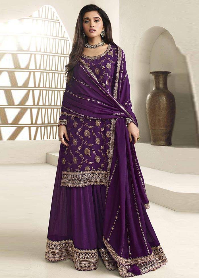 3 Pc Purple Semi Stitched Viscose Suit Set Discount Huge Surprise