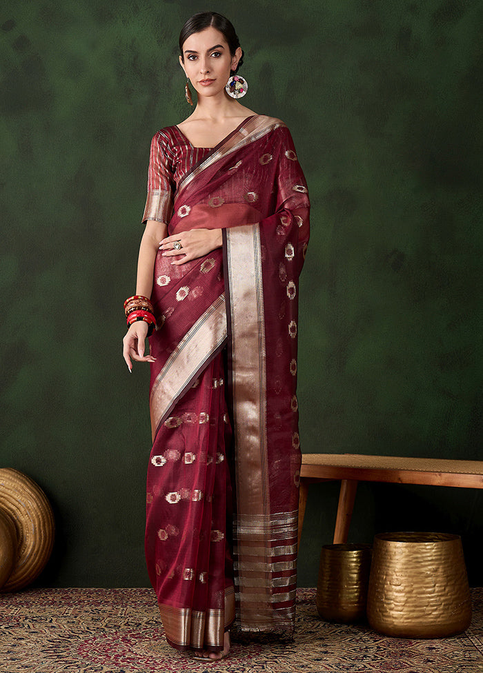 Maroon Organza Saree With Blouse Piece Clearance Online Fake