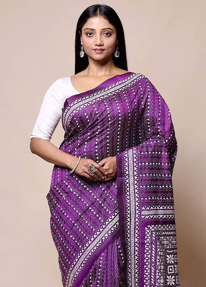 Purple Handloom Kantha Stitch Pure Silk Saree With Blouse Piece Clearance Very Cheap