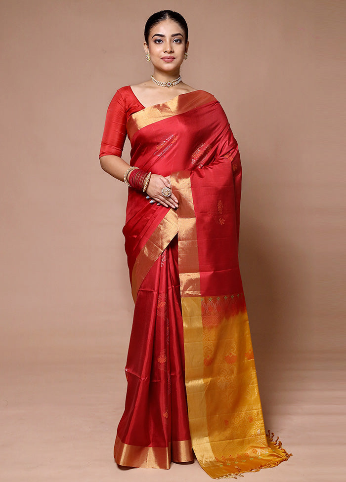 Red Handloom Kanjivaram Pure Silk Saree With Blouse Piece Sale Original