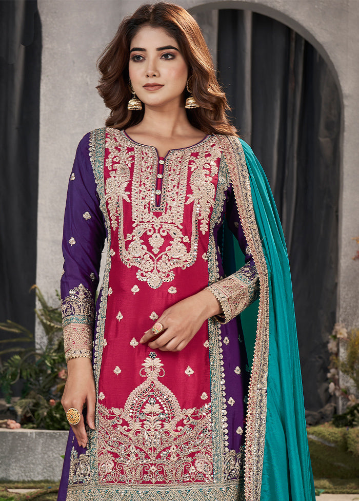 3 Pc Multicolor Semi Stitched Silk Suit Set Discount Great Deals