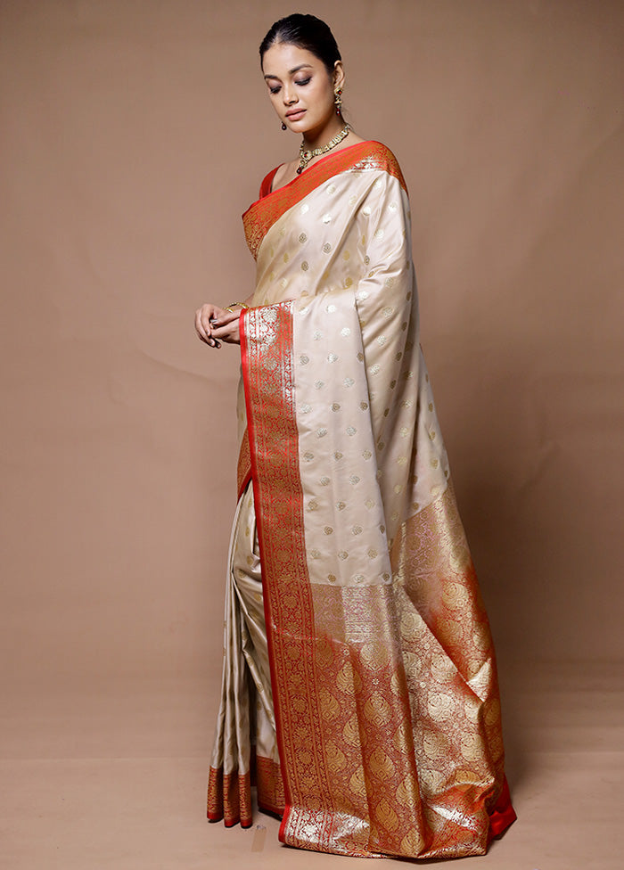 Cream Banarasi Silk Saree With Blouse Piece Geniue Stockist Online