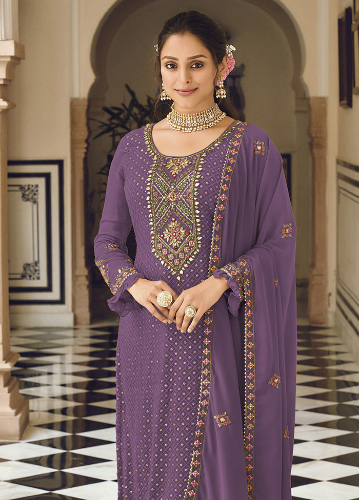 3 Pc Purple Semi Stitched Georgette Suit Set Buy Cheap Websites