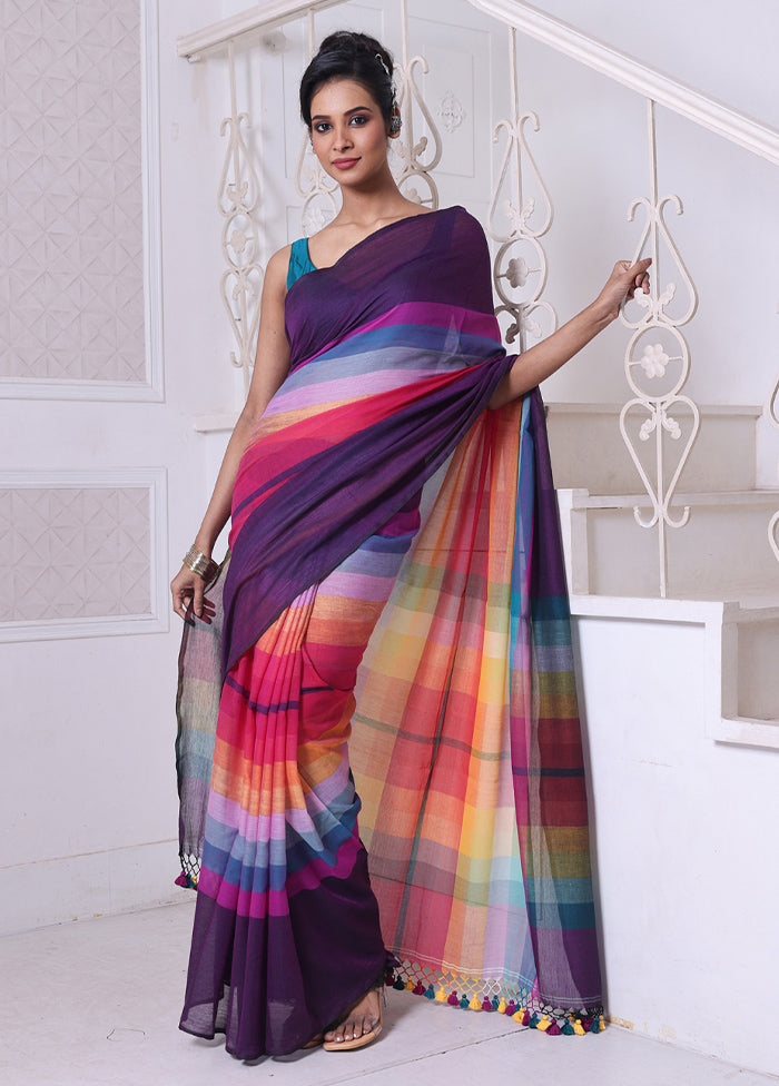 Violet Cotton Colorblock Saree Without Blouse Piece Wide Range Of Cheap Pice