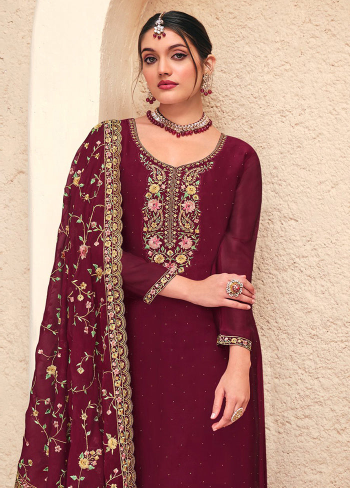 3 Pc Maroon Semi Stitched Georgette Suit Set Cheap Sale Genuine