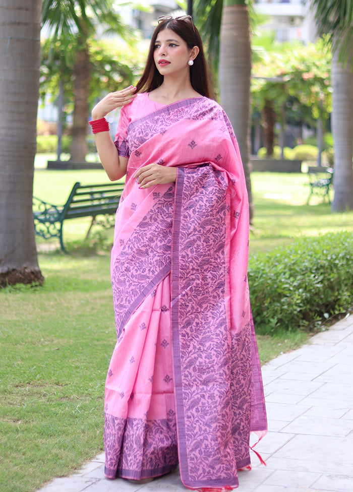 Baby Pink Spun Silk Saree With Blouse Piece Discount Free Shipping