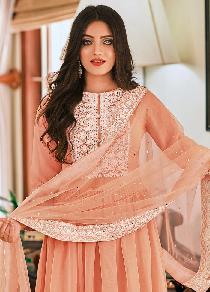 3 Pc Peach Semi Stitched Georgette Suit Set Fake Cheap Online