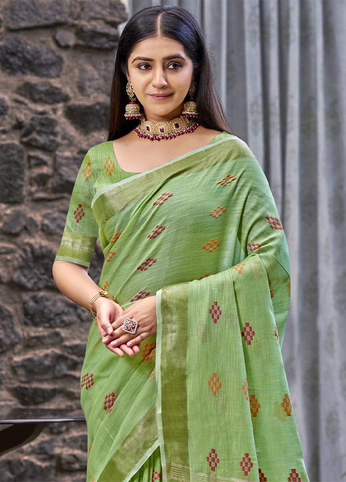 Green Linen Silk Saree With Blouse Piece For Sale Wholesale Pice