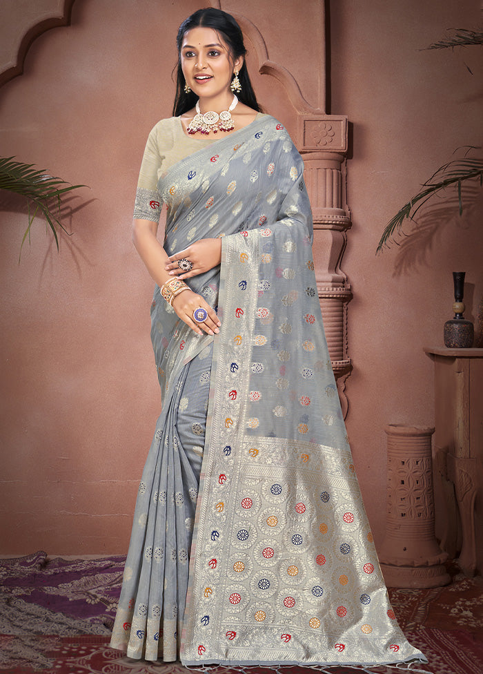 Grey Cotton Saree With Blouse Piece Cheap Sale Best Pices