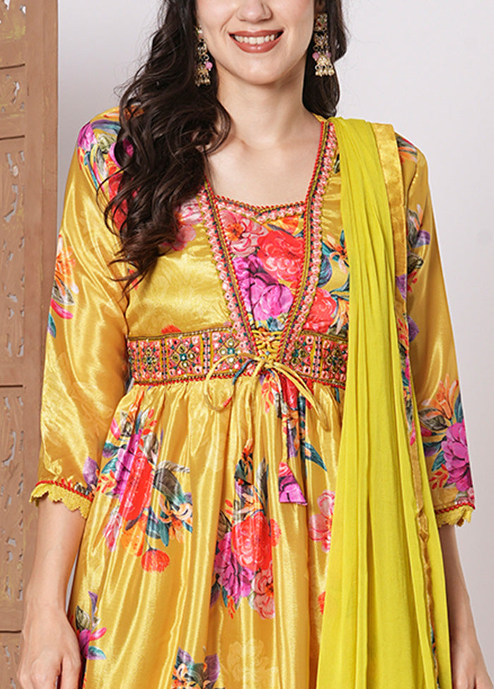 3 Pc Yellow Readymade Silk Dupatta Suit Set Shipping Discount Sale