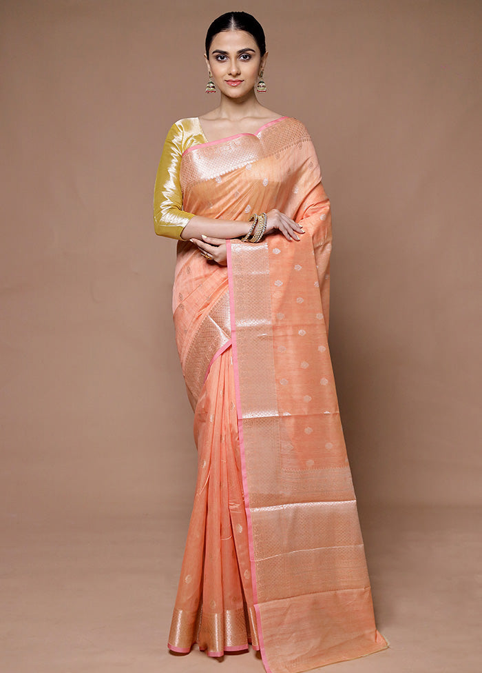 Peach Kora Silk Saree With Blouse Piece Cheap Fake