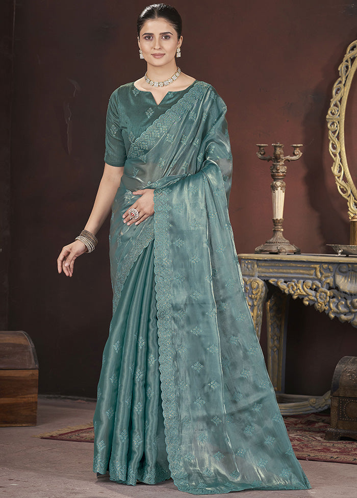 Teal Spun Silk Saree With Blouse Piece Online Online Clearance