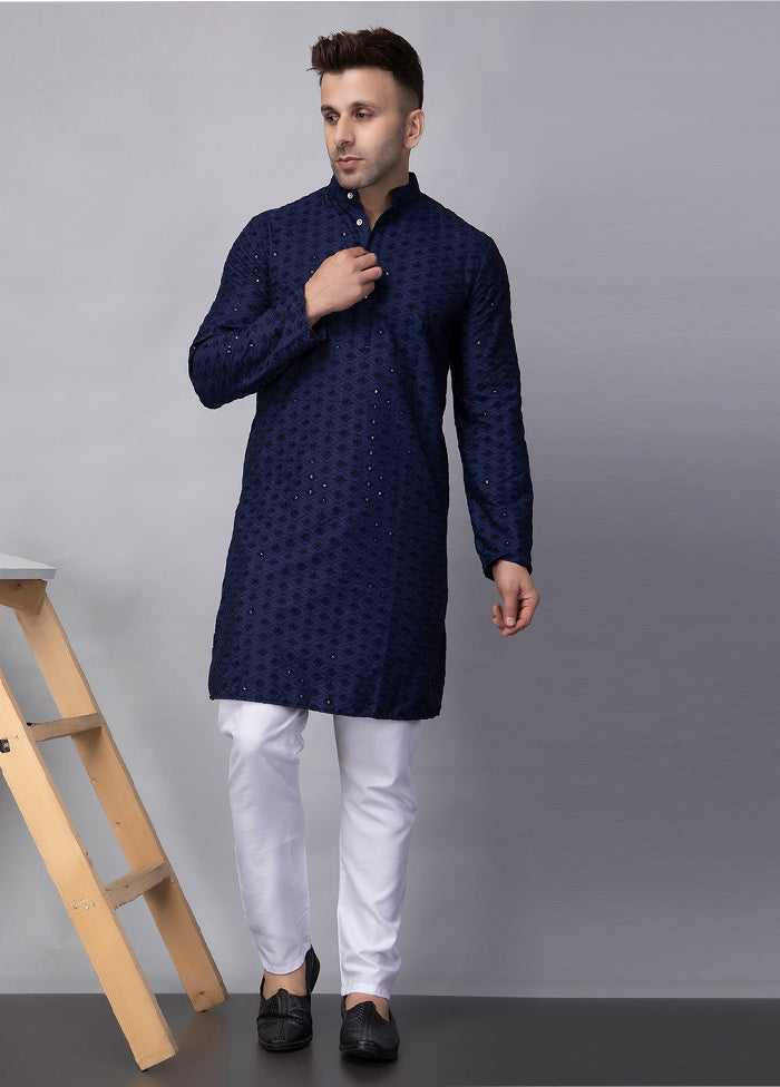 2 Pc Navy Blue Viscose Kurta Pajama Set Cheap Exclusive