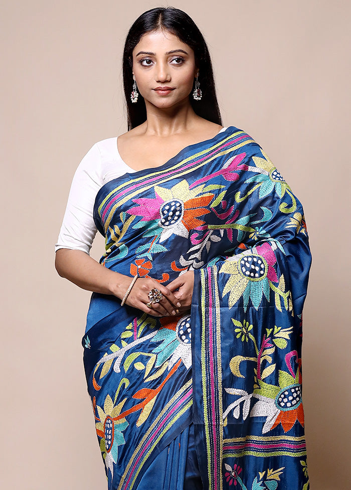 Blue Kantha Stitch Silk Saree With Blouse Piece Free Shipping View