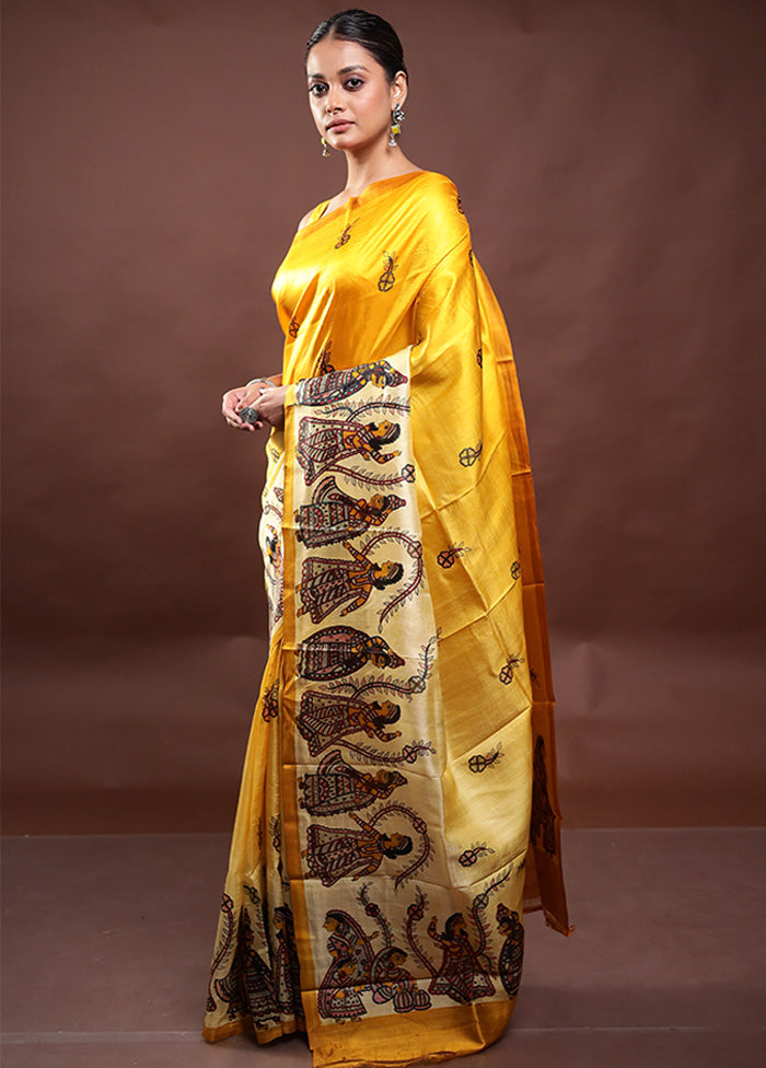 Yellow Printed Pure Silk Saree Without Blouse Piece Cheap Sale Brand New Unisex