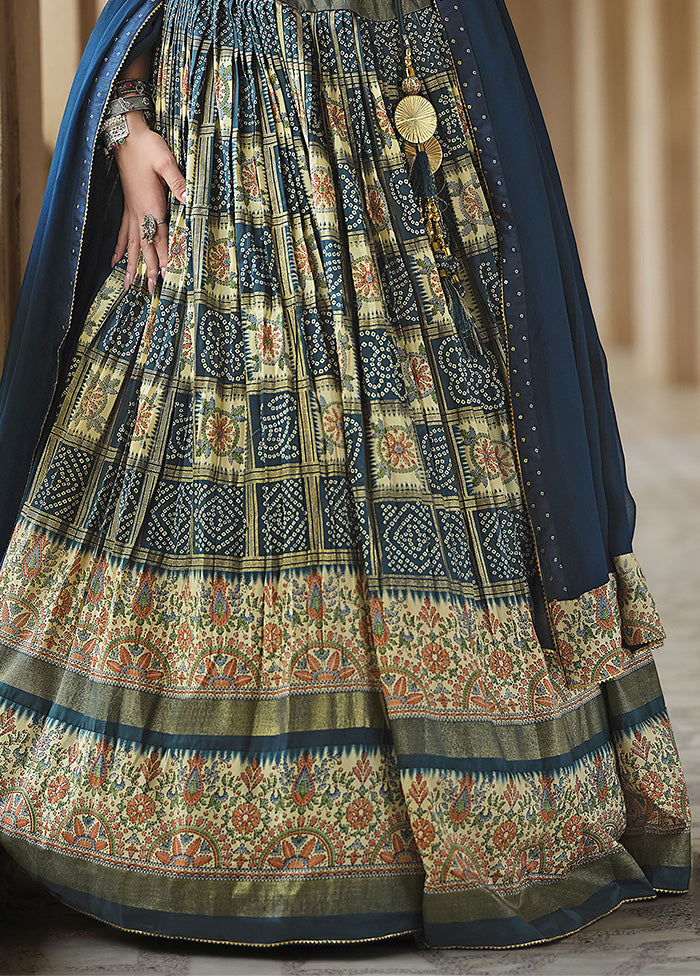 3 Pc Teal Blue Silk Semi Stitched Lehenga Set Cheap Sale Now