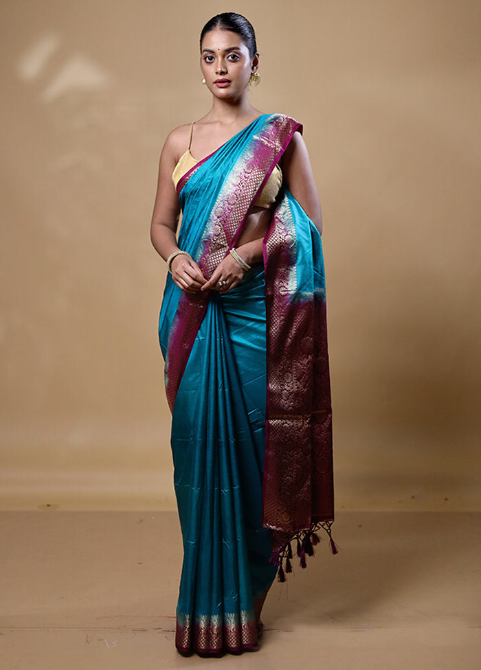 Blue Dupion Silk Saree With Blouse Piece Outlet Store For Sale