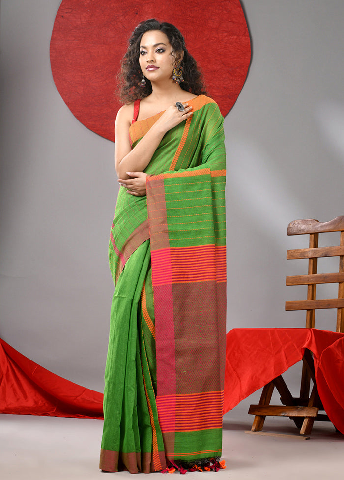 Parrot Green Cotton Saree With Blouse Piece Very Cheap Cheap Online