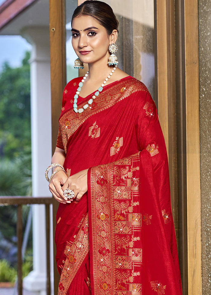 Red Dupion Silk Saree With Blouse Piece Shop Offer Online