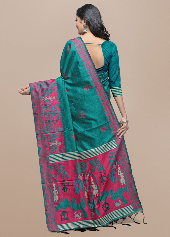 Rama Spun Silk Saree With Blouse Piece Pices Online