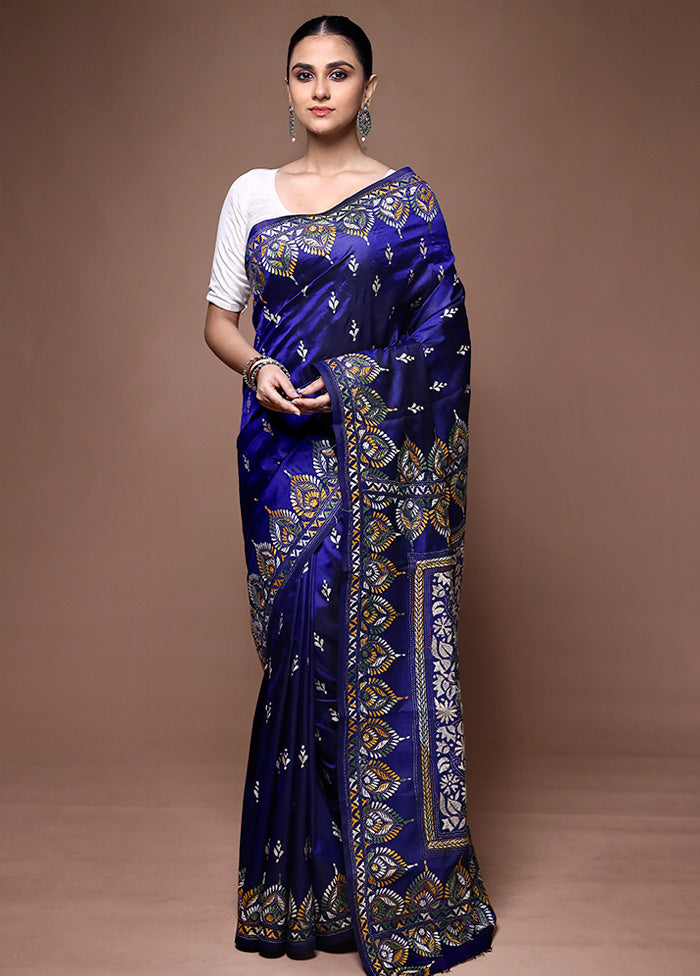 Blue Handloom Kantha Stitch Pure Silk Saree With Blouse Piece Clearance Online Fake