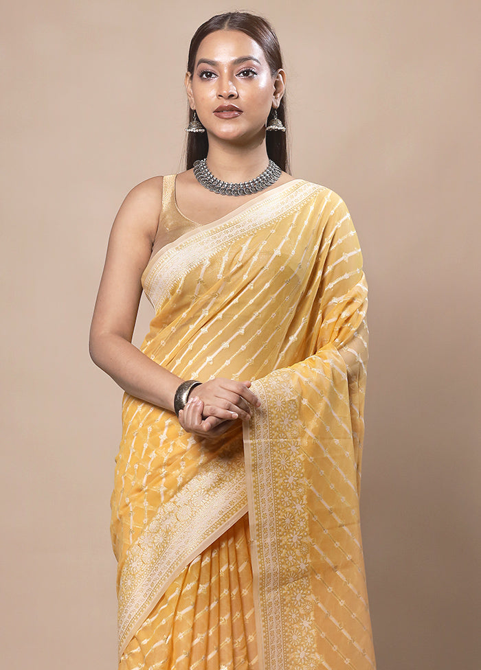 Yellow Kora Silk Saree With Blouse Piece Footlocker Finishline Online