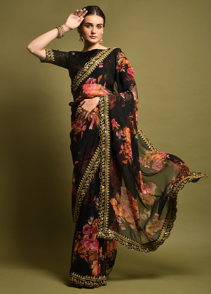 Black Chiffon Silk Saree With Blouse Piece Discount Collections