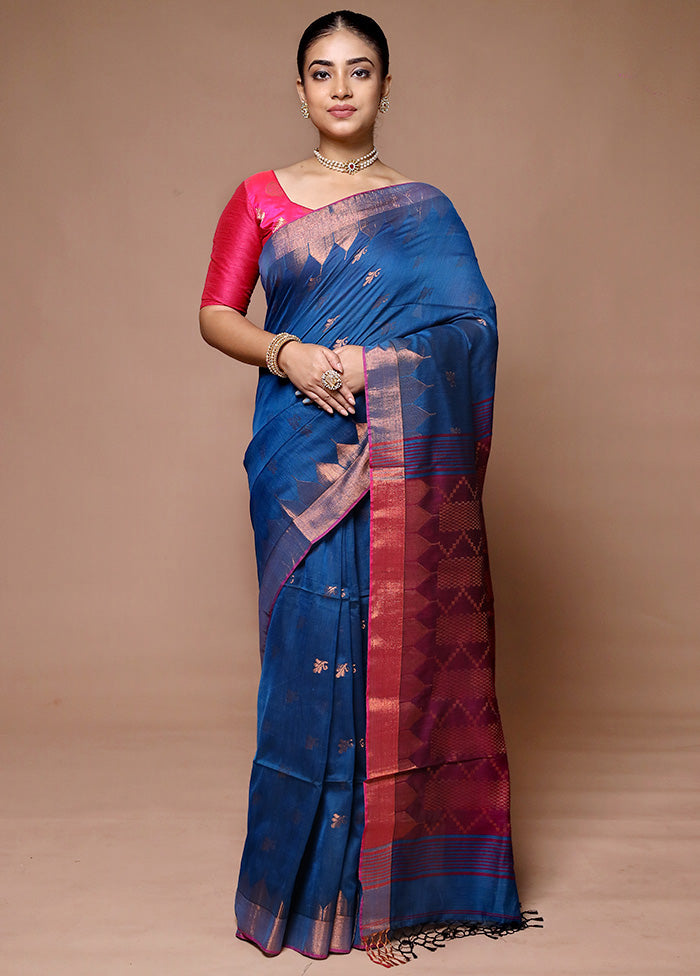 Blue Khadi Cotton Saree With Blouse Piece 2025 New Sale Online