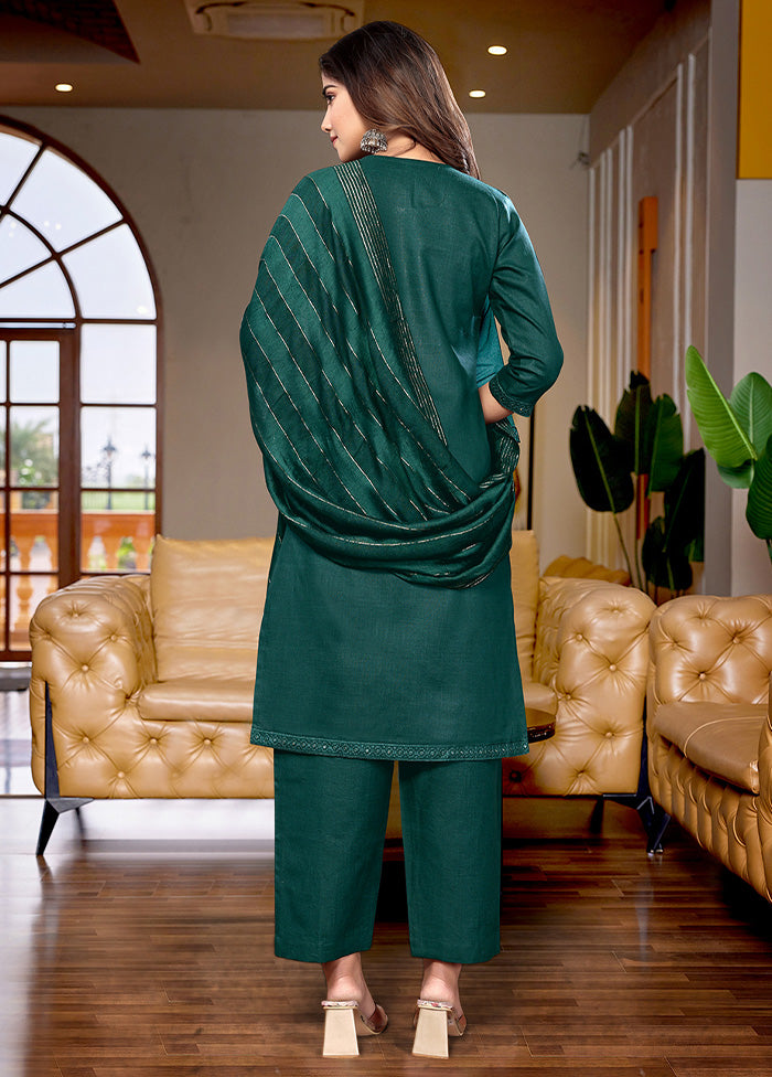 3 Pc Bottle Green Readymade Cotton Suit Set Visit Online