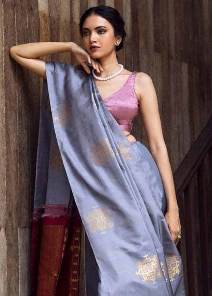 Grey Banarasi Silk Saree With Blouse Piece Browse For Sale