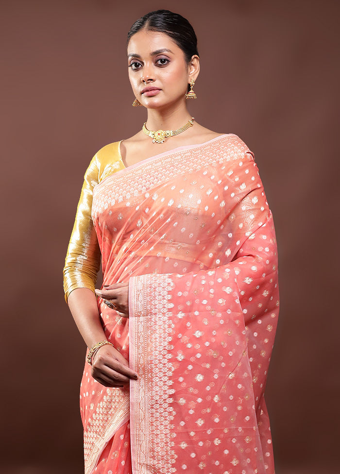 Peach Kora Silk Saree With Blouse Piece Discount Classic