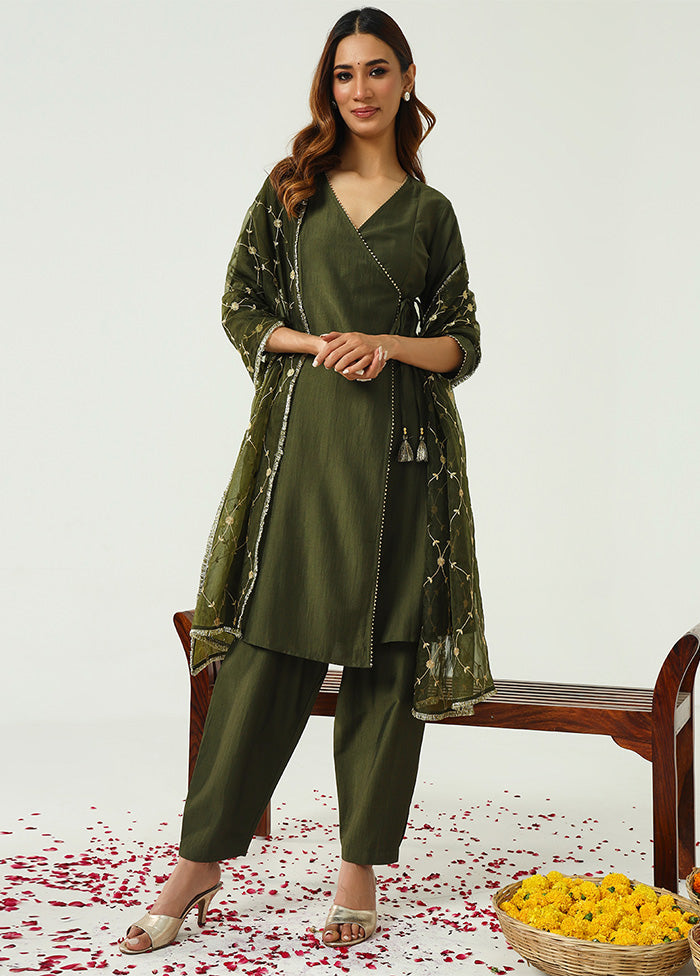 3 Pc Green Readymade Silk Dupatta Suit Set Free Shipping Shop