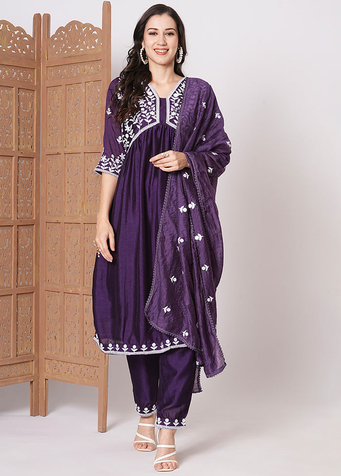 3 Pc Purple Readymade Silk Dupatta Suit Set From China Cheap Pice