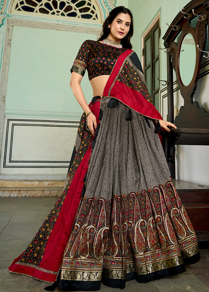 3 Pc Grey Silk Semi Stitched Lehenga Set Wholesale Pice Cheap Online