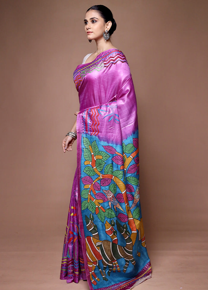 Purple Handloom Kantha Stitch Pure Silk Saree With Blouse Piece Free Shipping Online