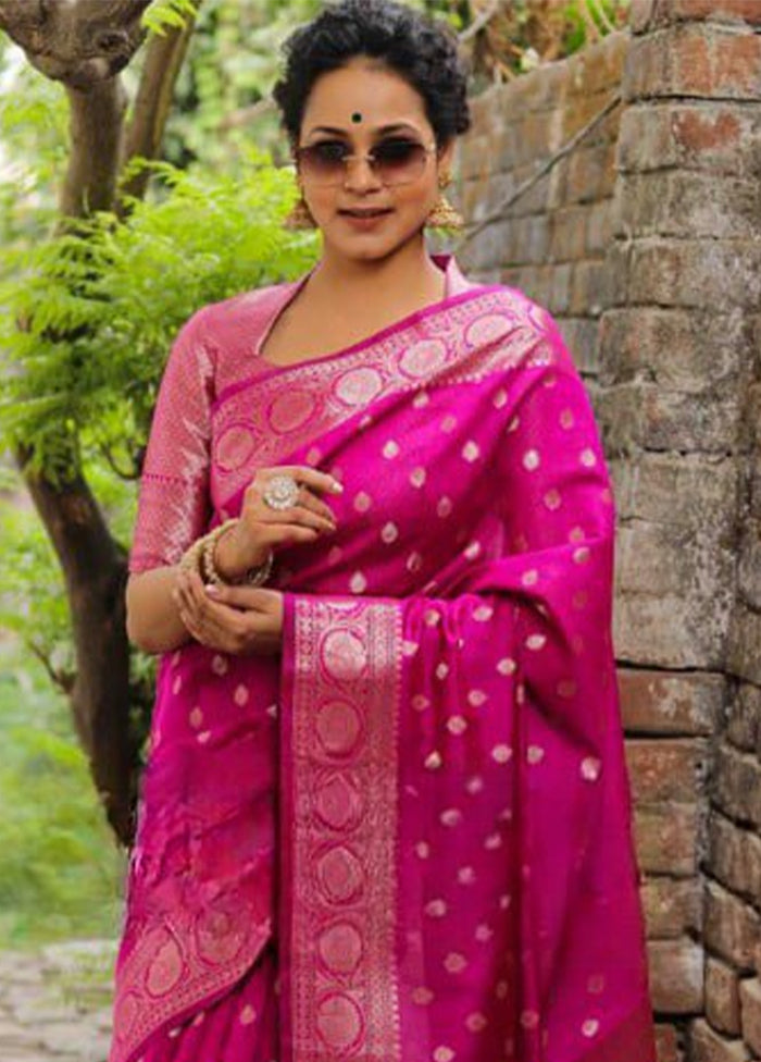 Pink Banarasi Silk Saree With Blouse Piece Free Shipping View