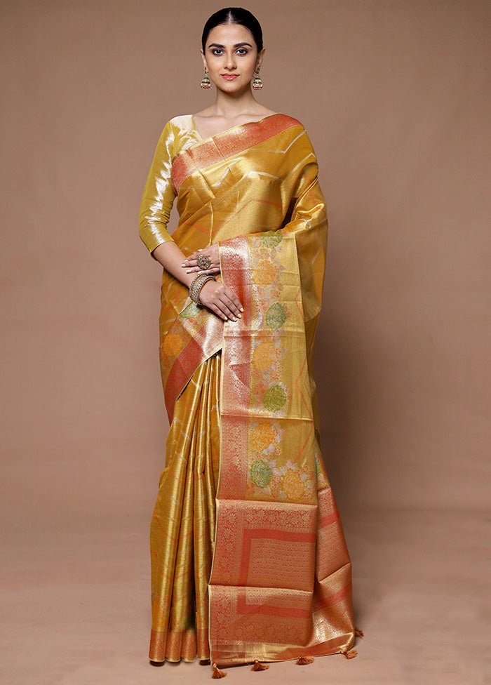 Yellow Tissue Silk Saree With Blouse Piece Clearance Low Pice