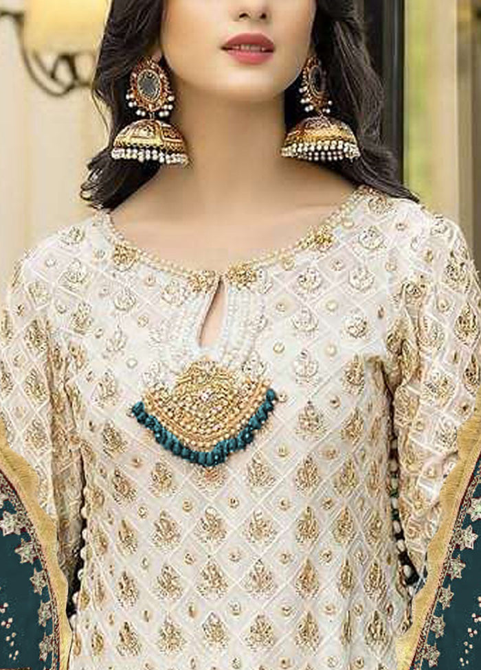 3 Pc Cream Semi Stitched Georgette Suit Set Free Shipping Online