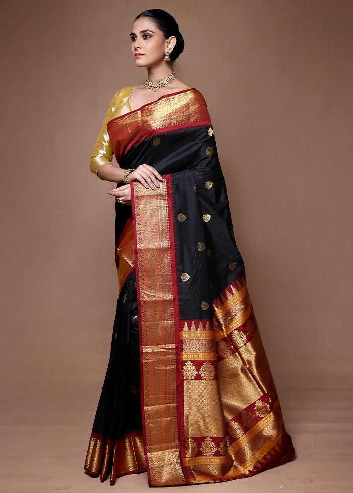 Black Handloom Kanchipuram Pure Silk Saree With Blouse Piece Cheapest Pice Sale Online