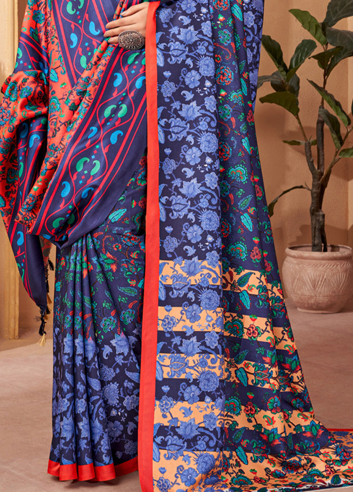 Blue Pasmina Silk Saree With Shawl And Blouse Piece Buy Cheap Best Wholesale