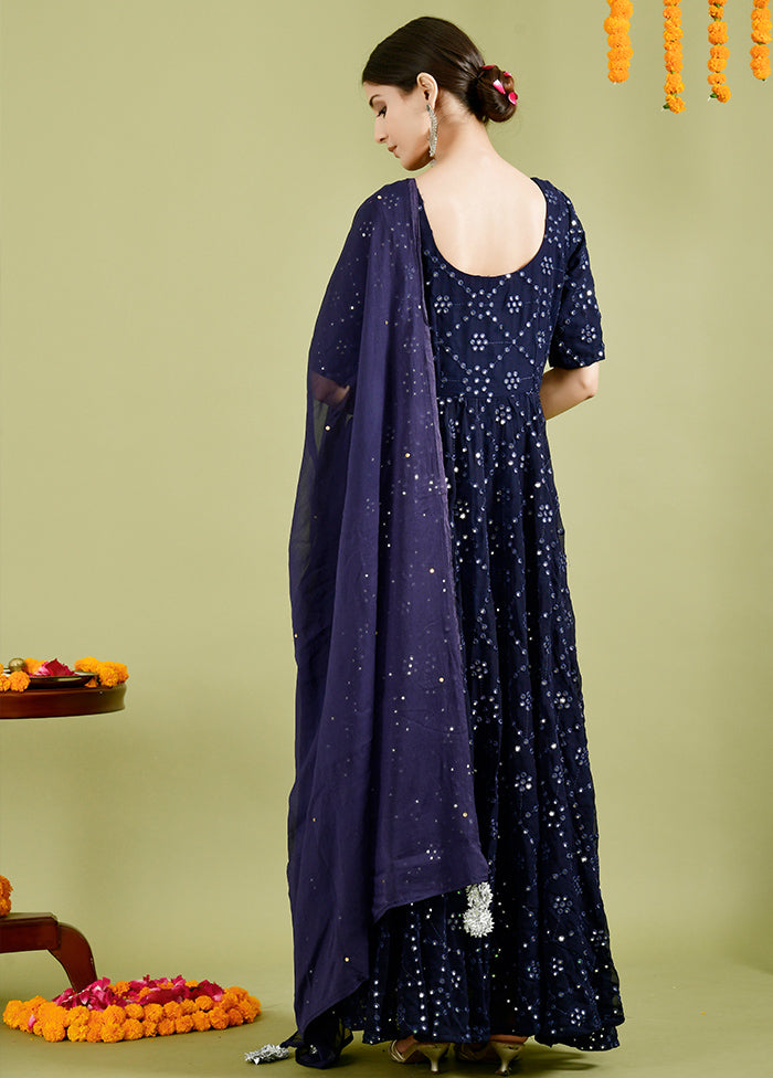 2 Pc Blue Mirror Work Georgette Kurti Set Outlet Locations