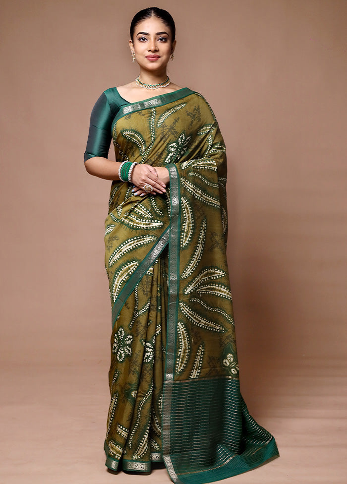 Green Chanderi Cotton Saree With Blouse Piece In China