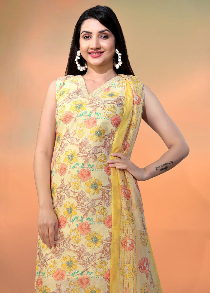 3 Pc Yellow Readymade Cotton Long Kurti Set Fashionable