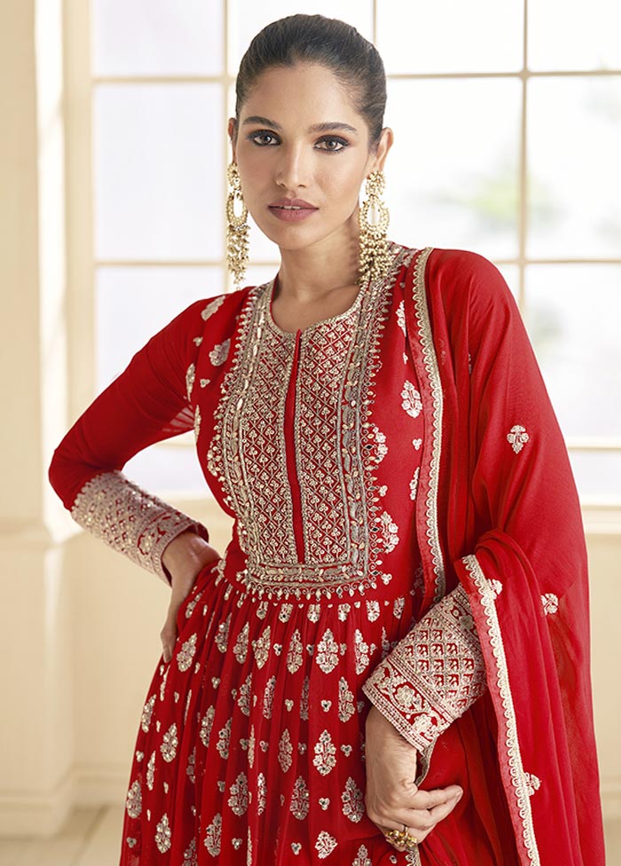 3 Pc Red Semi Stitched Georgette Suit Set Amazing Pice