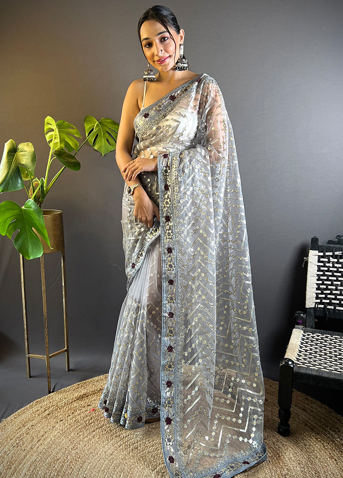 Grey Net Net Saree With Blouse Piece Footlocker Pictures Sale Online