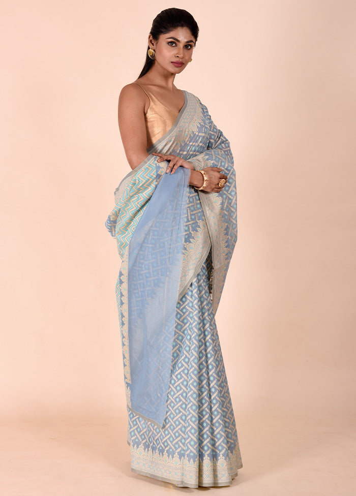 Blue Kora Silk Saree With Blouse Piece Brand New Unisex Cheap Online