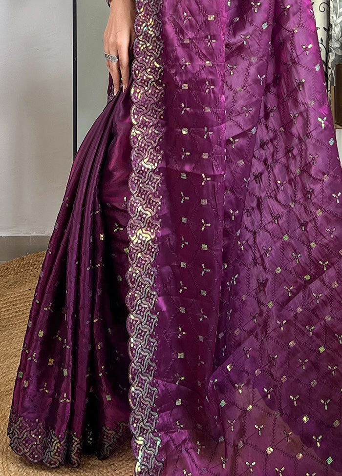 Wine Spun Silk Saree With Blouse Piece Authentic For Sale