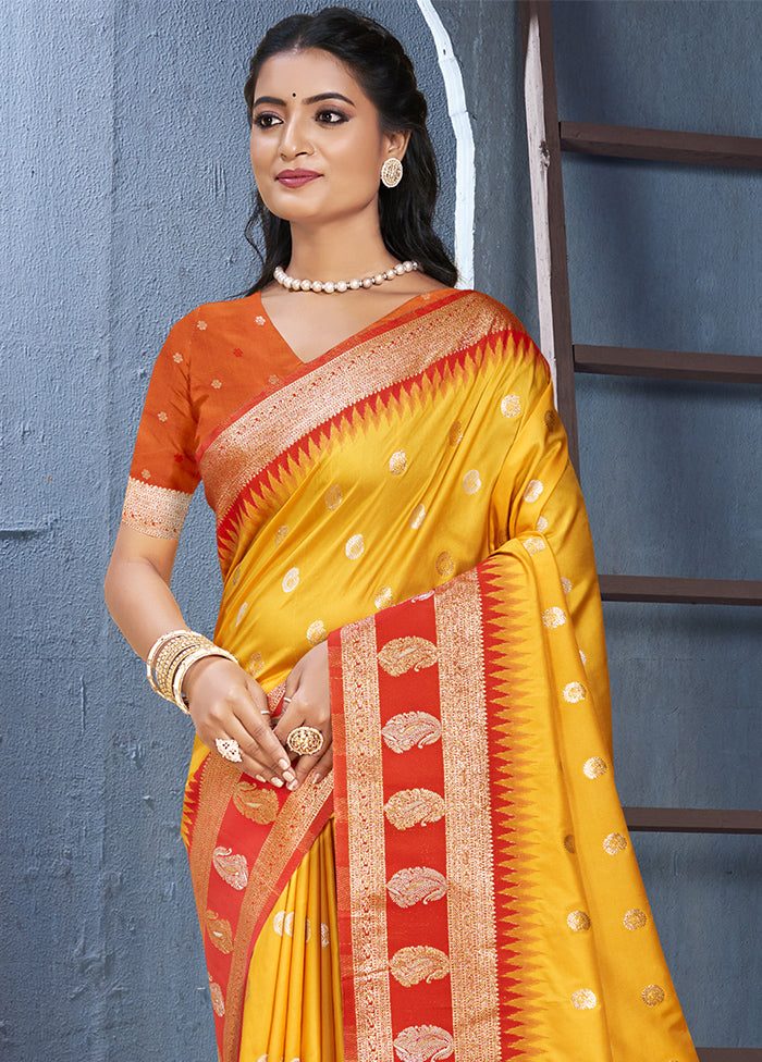 Yellow Dupion Silk Saree With Blouse Piece Sale Lowest Pice